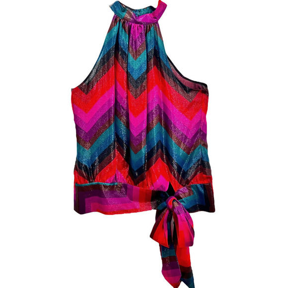 TRINA TURK Silk-Blend Champagne Shimmer Striped Tie-Front Halter Top NWT Small - Picture 4 of 16